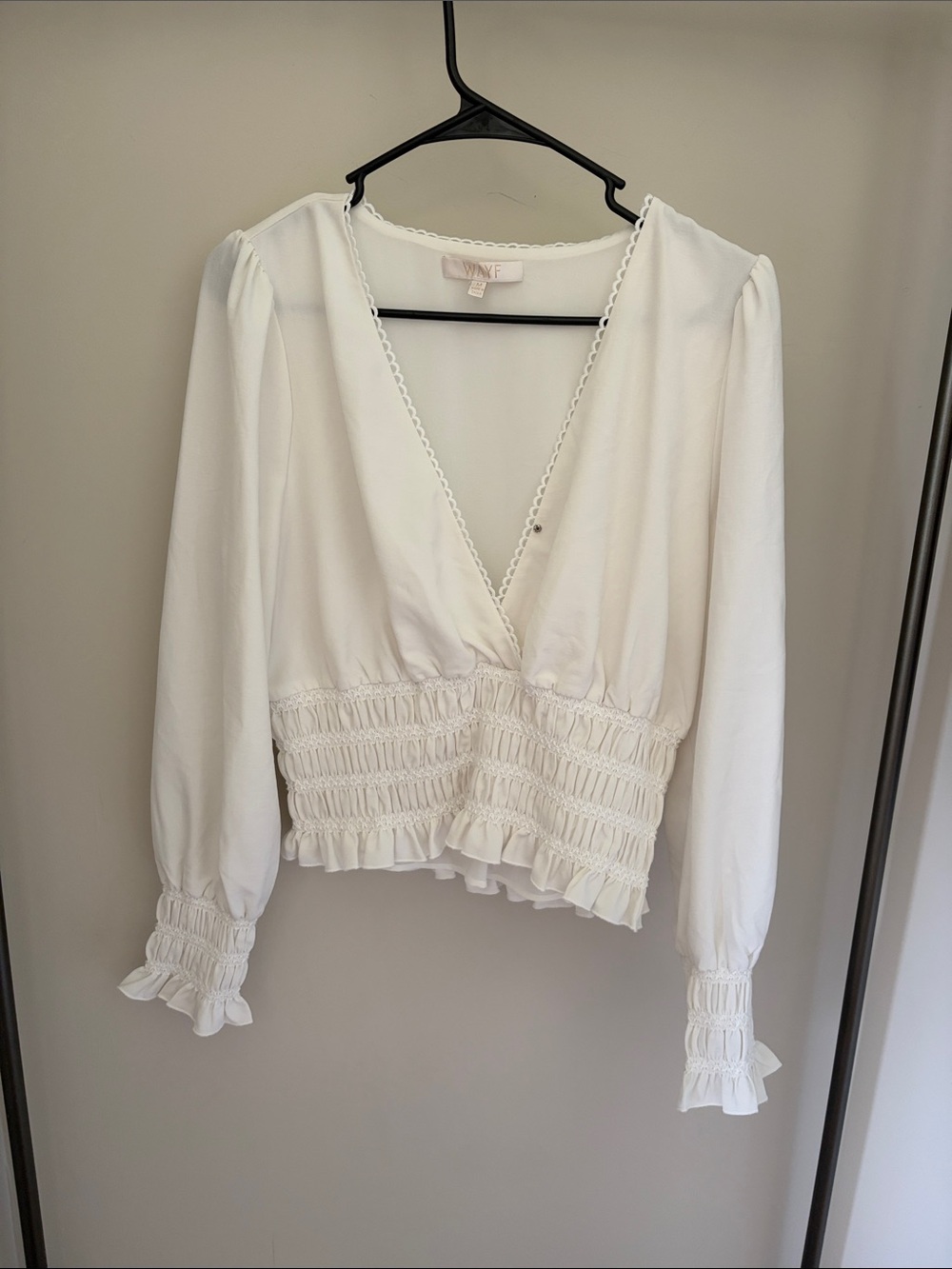 Wayf White Smocked V-Neck Long Sleeve Blouse